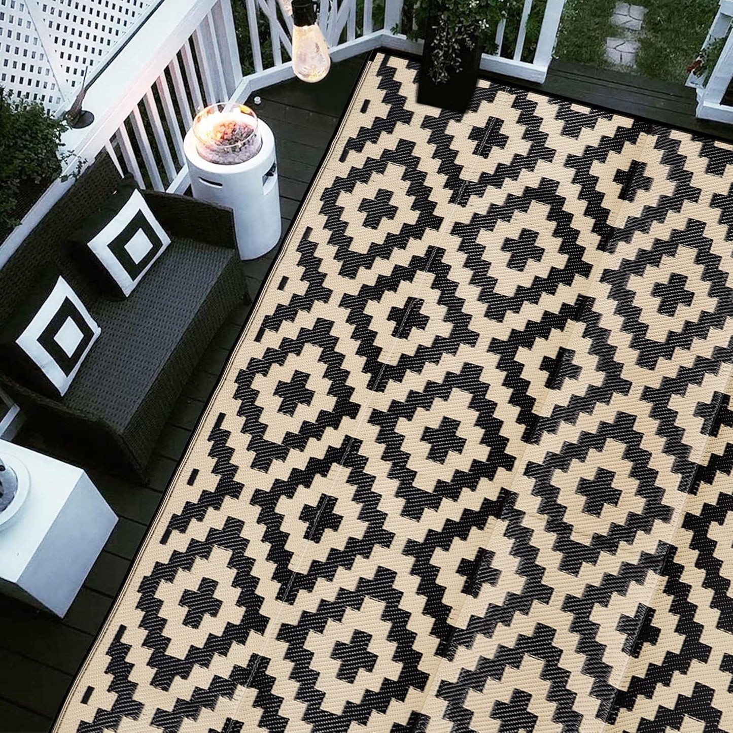 SAND MINE Reversible Mats with Led Strip Lights, Plastic Straw Rug, Modern Area Rug, Large Floor Mat for Outdoors, Patio, Backyard, Deck, Picnic, Camping, Black & Beige, 8' x 10'