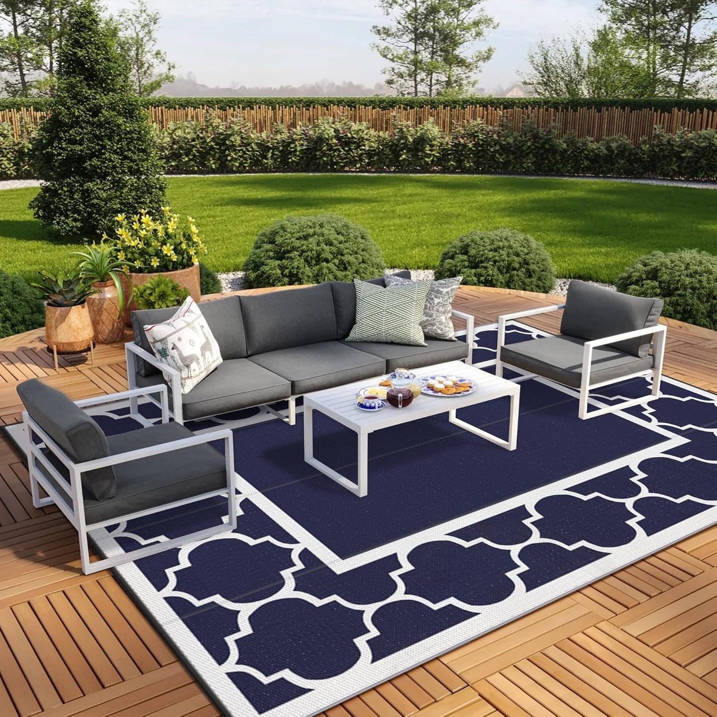 GENIMO 6' x 9' Outdoor Rug Waterproof for Patio Decor, Foldable Reversible Plastic Straw Area Rugs Mat with String Light, Led Carpet for Camper, Rv, Deck, Porch, Picnic, Beach, Balcony, Blue & White