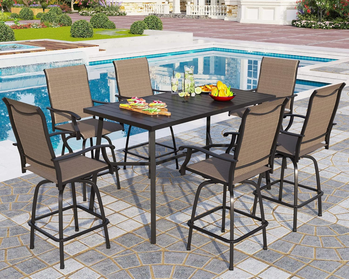 PHI VILLA Outdoor Patio Bar Dining Table for 6, 40" High Top Rectangle Metal Steel Table with 1.97" Umbrella Hole for Garden, Yard and Deck, Black