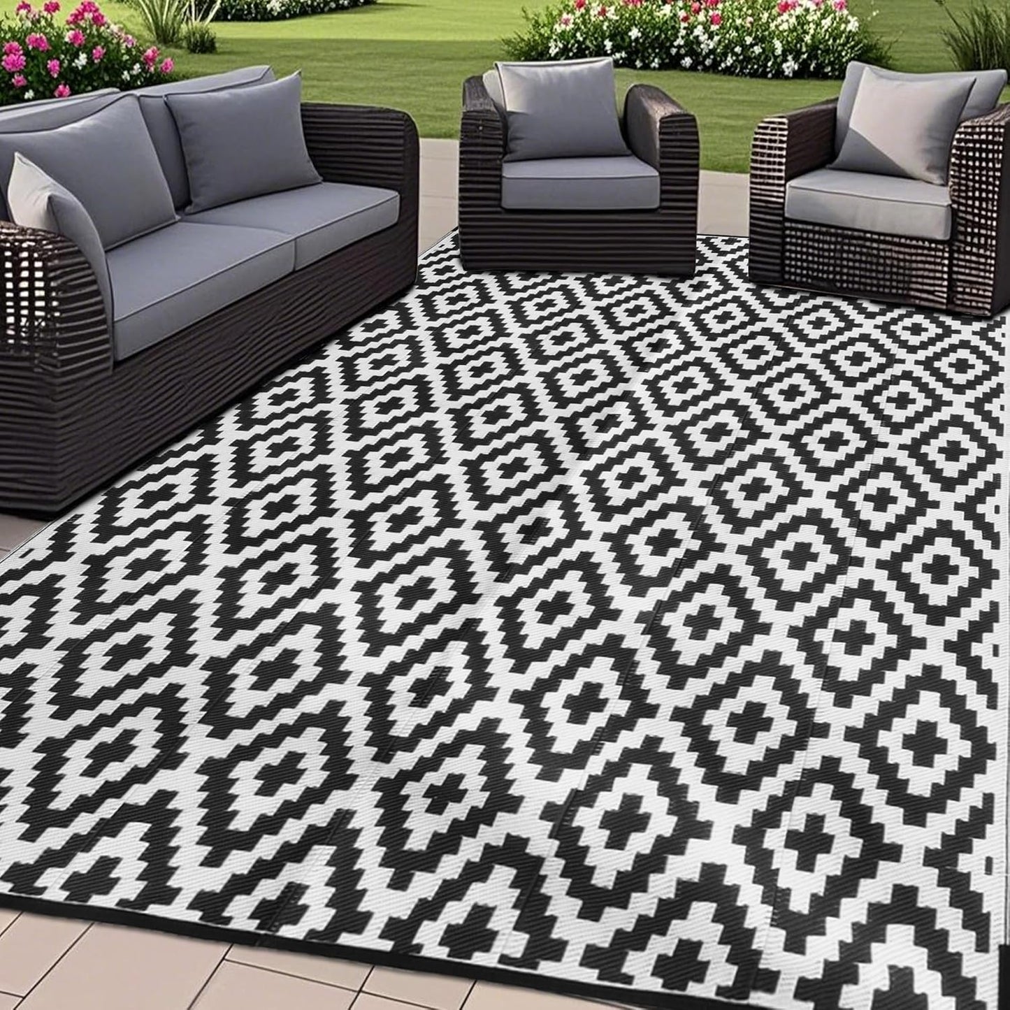 SAND MINE Reversible Mats with Led Strip Lights, Plastic Straw Rug, Modern Area Rug, Large Floor Mat for Outdoors, Patio, Backyard, Deck, Picnic, Camping, Black & Beige, 8' x 10'