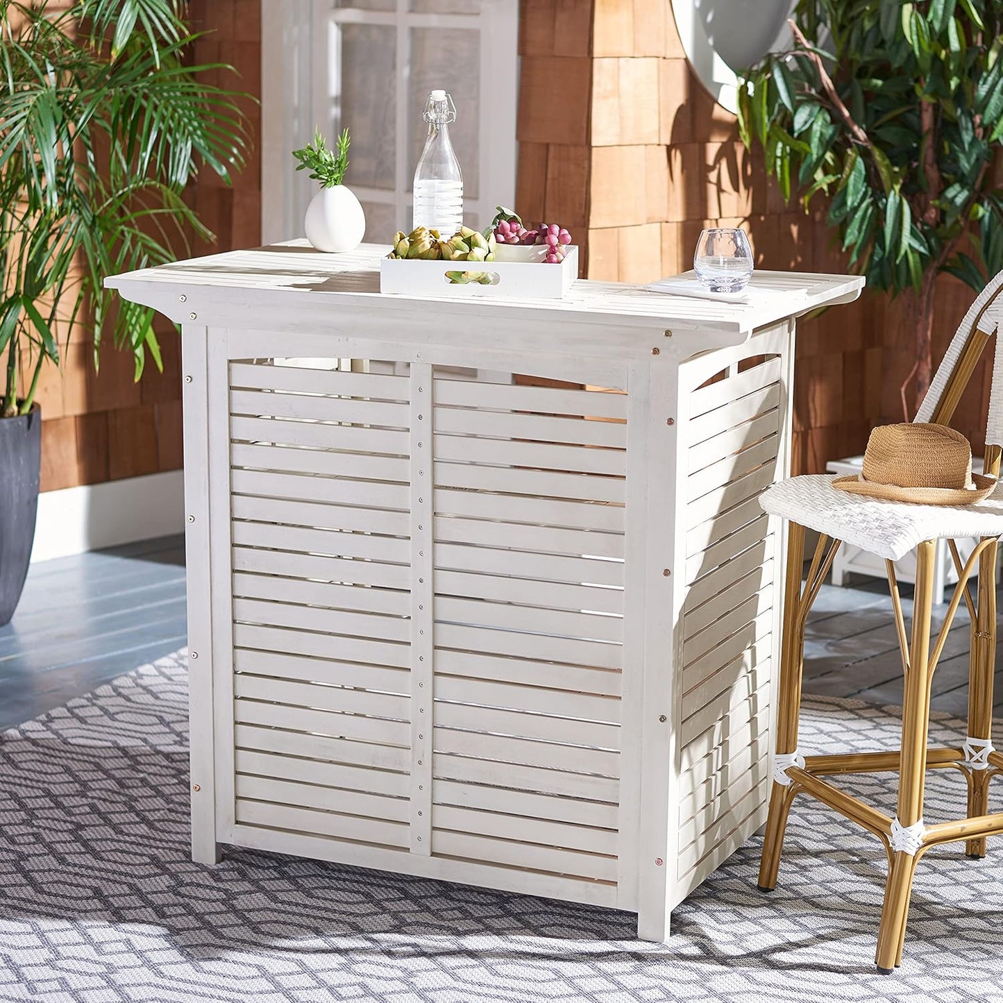 SAFAVIEH Outdoor Collection Monterey 42-inch Black Acacia Wood Slatted Bar Table