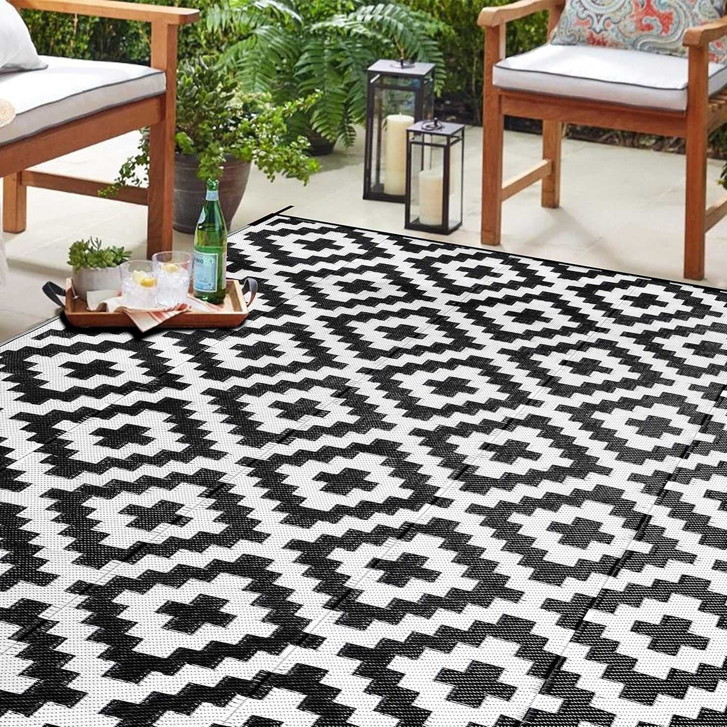 SAND MINE Reversible Mats with Led Strip Lights, Plastic Straw Rug, Modern Area Rug, Large Floor Mat for Outdoors, Patio, Backyard, Deck, Picnic, Camping, Black & Beige, 8' x 10'